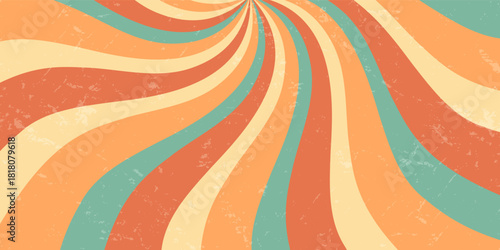 Retro groovy sun burst swirl pattern forms an orange burst with sunshine effect and a distinct y2k vibe. Grunge and grungy texture, with sun background elements in a bold horizontal layout perfect for
