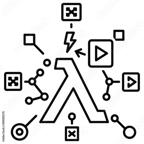 Serverless function computing concept with lambda symbol and interconnected data points, representing cloud technology and api integration