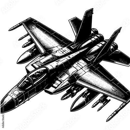 Aviation Precision: Detailed monochrome illustration of a powerful jet aircraft, emphasizing its advanced design, high-tech features, and military applications.