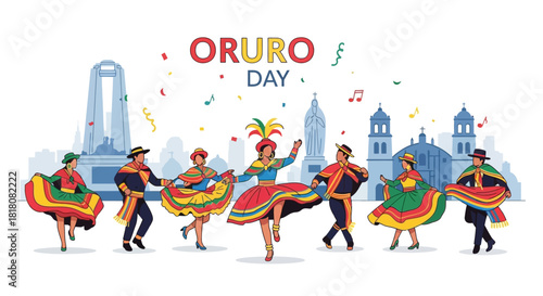 Vibrant Oruro Day Celebration Folk Dancers in Traditional Bolivian Attire Amidst a Festive Cityscape Scene