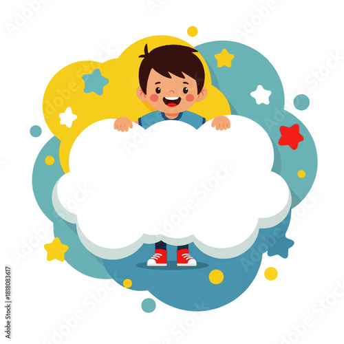 Cartoon Boy Holding Blank Cloud Sign with Transparent Background