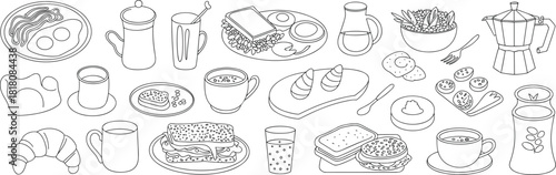 Breakfast Food Items In Line Art Style Including Eggs Bacon Croissant And Coffee Keywords