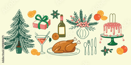 Christmas Dinner Elements Including Turkey Cake Wine And Tree In Doodle Style Keywords