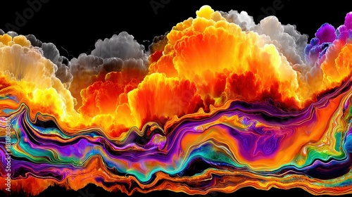 An abstract digital artwork featuring vibrant, swirling colors in the foreground and fiery, cloud-like formations in the background against a stark black backdr