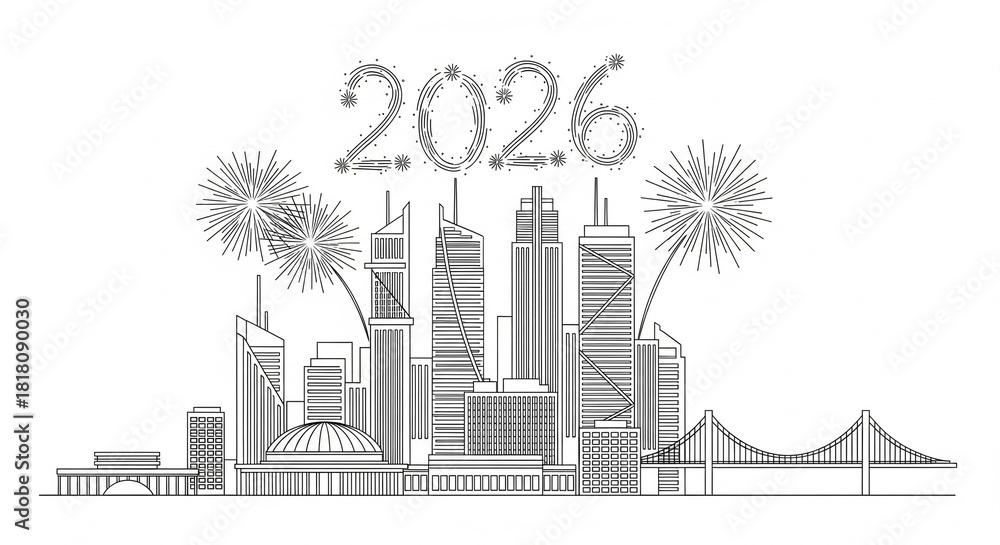 Fototapeta premium Elegant monochromatic city skyline with glowing 2026 numerals and fireworks for New Year celebration