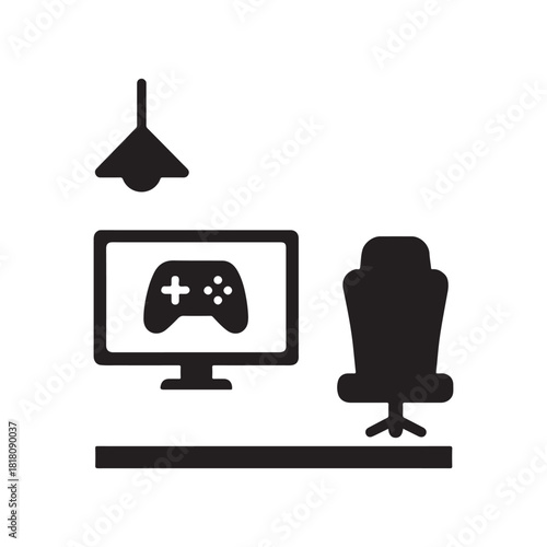 Gaming Setup with Computer Screen Displaying Game Controller and Ergonomic Chair Perfect for Streaming or Esports Tournament in a Minimalist Style