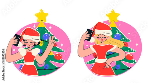Young woman taking a selfie in santa hat behind Christmas tree with garland and toys. New year celebration selfie