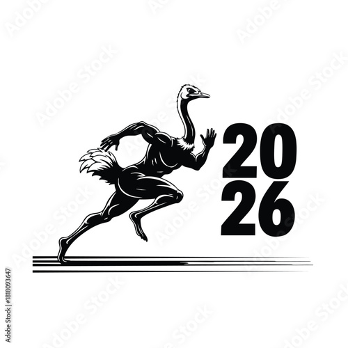 Muscular ostrich runner ready for happy new year 2026 silhouette