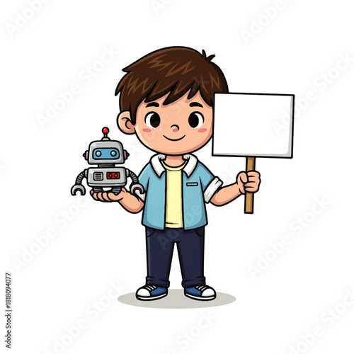 Boy Holding Robot Toy and Blank Sign