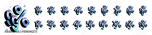 Black 3D Holographic number discount collection. Include 10 20 30 40 50 60 70 80 90 15 to 95 and 99 percentage design template isolated in white background.