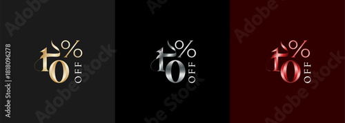 Precentage discount luxury number 10, 10 percent discount design with elegant color gold, silver and red. Promotional sale marketing design tamplate.