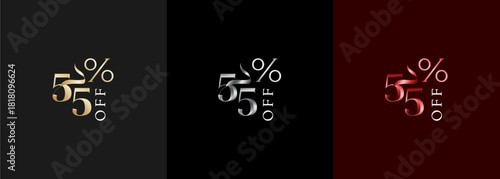 Precentage discount luxury number 55, 55 percent discount design with elegant color gold, silver and red. Promotional sale marketing design tamplate.
