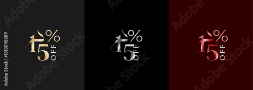 Precentage discount luxury number 15, 15 percent discount design with elegant color gold, silver and red. Promotional sale marketing design tamplate.