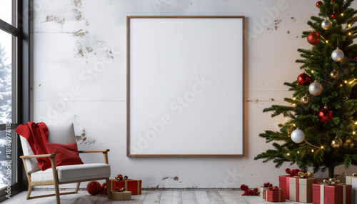 Christmas Decorated Interior with Blank Frames — Holiday Interior Styling Photography