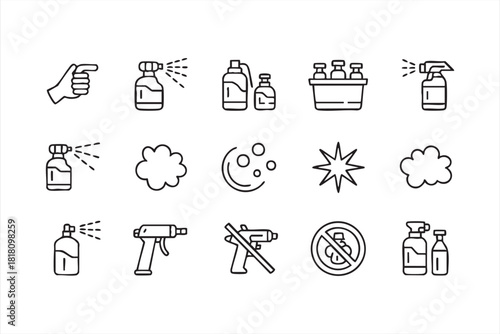 Cleaning tools line icon set with spray bottles, droplets, clouds, and warnings