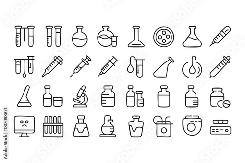 Medical laboratory line icon pack with syringes, test tubes, vials, and research tools