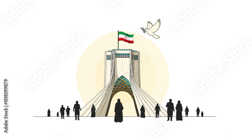 An illustrative depiction of Iran's national identity with the Azadi Tower, people, and a dove symbolizing peace and hope
