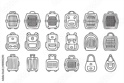 Pet carrier and travel bag icon set featuring backpacks and rolling luggage