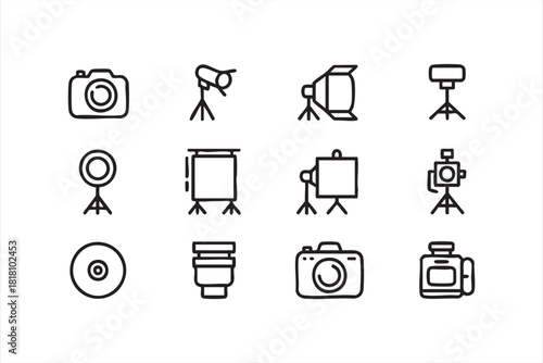 Minimal Line Art Camera and Lighting Equipment Icons Set