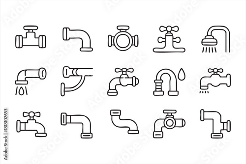 Set of line art bathroom fixtures and water valves for utility illustrations
