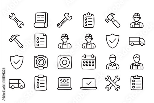 Construction and service tools icon set for maintenance and repair projects