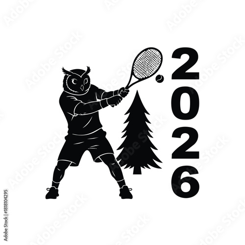 Silhouette owl plays tennis happy new year and pine tree for 2026