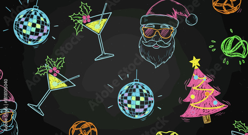 Neon Crayon Kitschmas Party Pattern with Disco Balls and Retro Santa