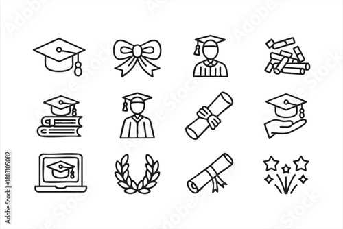 Minimalist graduation and diploma icons for academic celebration designs