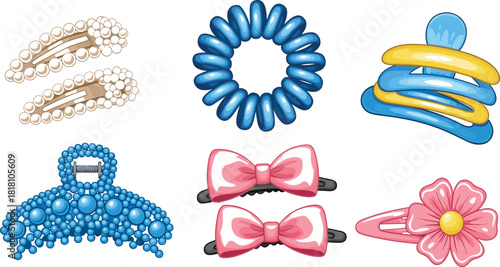 Hair accessories cartoon, pearl clip, bow, flower clip, coiled tie, claw clip, pink, blue, decorative style, fashion item, cute design, grid