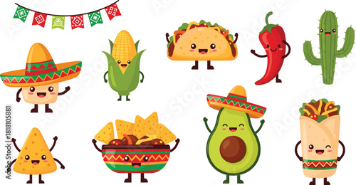 Mexican food cartoon, anthropomorphic characters, taco, burrito, chili pepper, avocado, nachos, sombrero, papel picado, festive design, cultural symbols, cute style