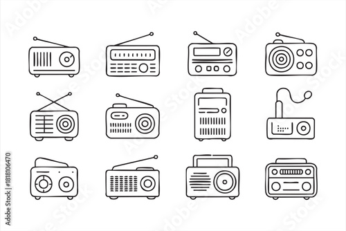 Retro radio and audio receiver icons in minimalist line art style