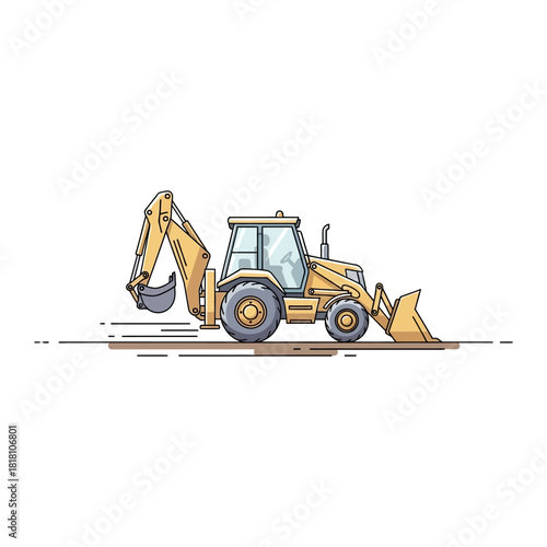 Detailed Illustration of a Yellow Backhoe Excavator Construction Vehicle.