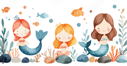 Watercolor underwater cute mermaids on seabed with different fishes, stones and sea plants, vector illustration 