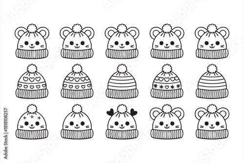 Cute line art beanies with animal faces for children’s fashion and crafts