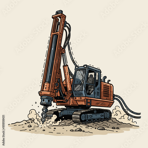 Construction drilling rig vector.Industrial bore machine illustration.Retro pile driver equipment.Heavy groundwork vehicle.Engineering drill art