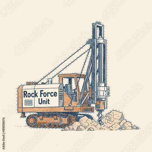 Vintage Drilling Rig Illustration.Retro Rock Drill Machine Art.Engraving Style Piling Rig.Heavy Construction Vehicle Sketch.Industrial Drilling Equipm