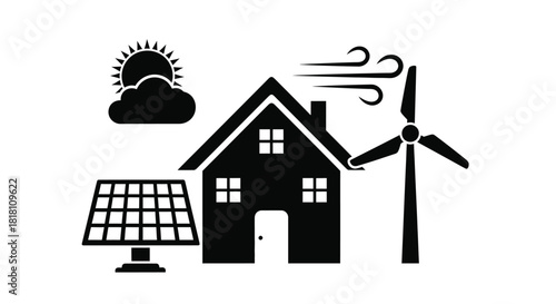 Renewable energy home sustainable living solar panels wind turbine icon