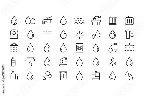 Clean water and droplet line icons for hydration, utilities and environmental design