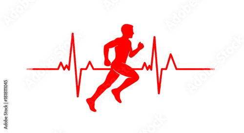 Active runner silhouette superimposed on a vibrant red heartbeat EKG line, symbolizing health and fitness.