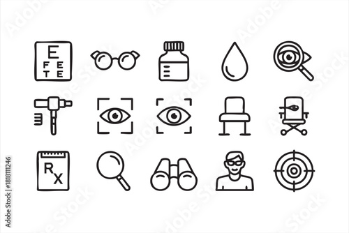 Optometry and eye care line icon collection for medical and vision diagnostics