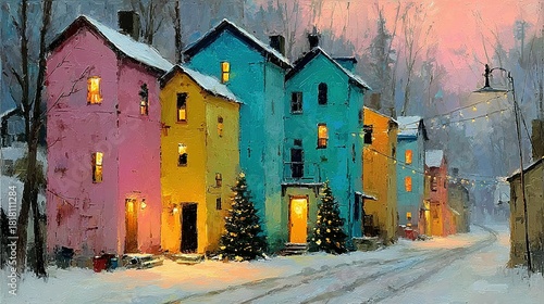 Colorful houses line a snowy street with christmas trees and lights.