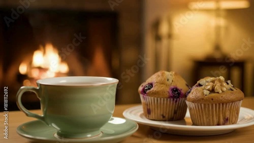 Cozy cup of tea and sweet muffins by a warm fireplace on a relaxing evening.