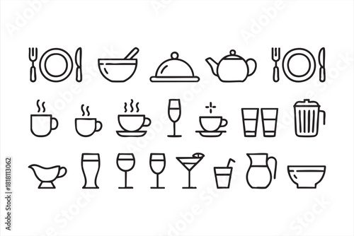 Clean line art symbols of drinkware and table accessories for food service