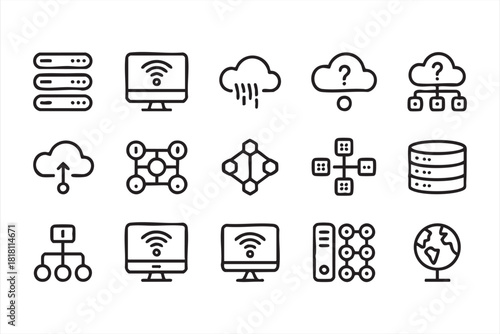Minimal line icons for networking, data flow, and cloud structures