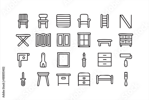 Tools, chairs, frames, and storage icons for home design graphics