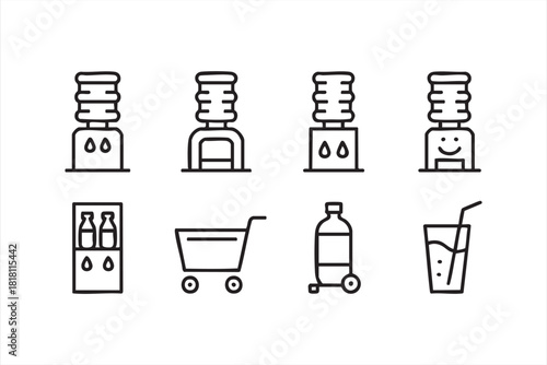 Minimal water dispenser and hydration station icons for office design