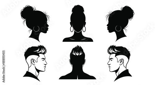 Vector silhouettes of men and women with different hairstyle styles