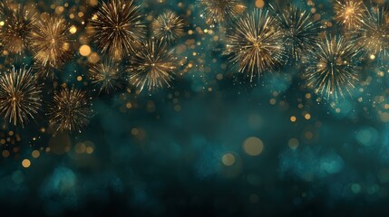 silvester sylvester 2026 new year new years eve party background banner panorama illustration  abstract gold firework fireworks on dark green texture with bokeh lights 2026
