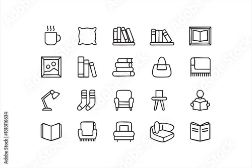 Vector icon collection with books, pillows, blankets, and cozy accessories