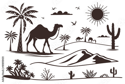 Silhouette Desert Landscape With Camels Palm Trees And Sun Keywords: desert, camel, palm tree, cactus